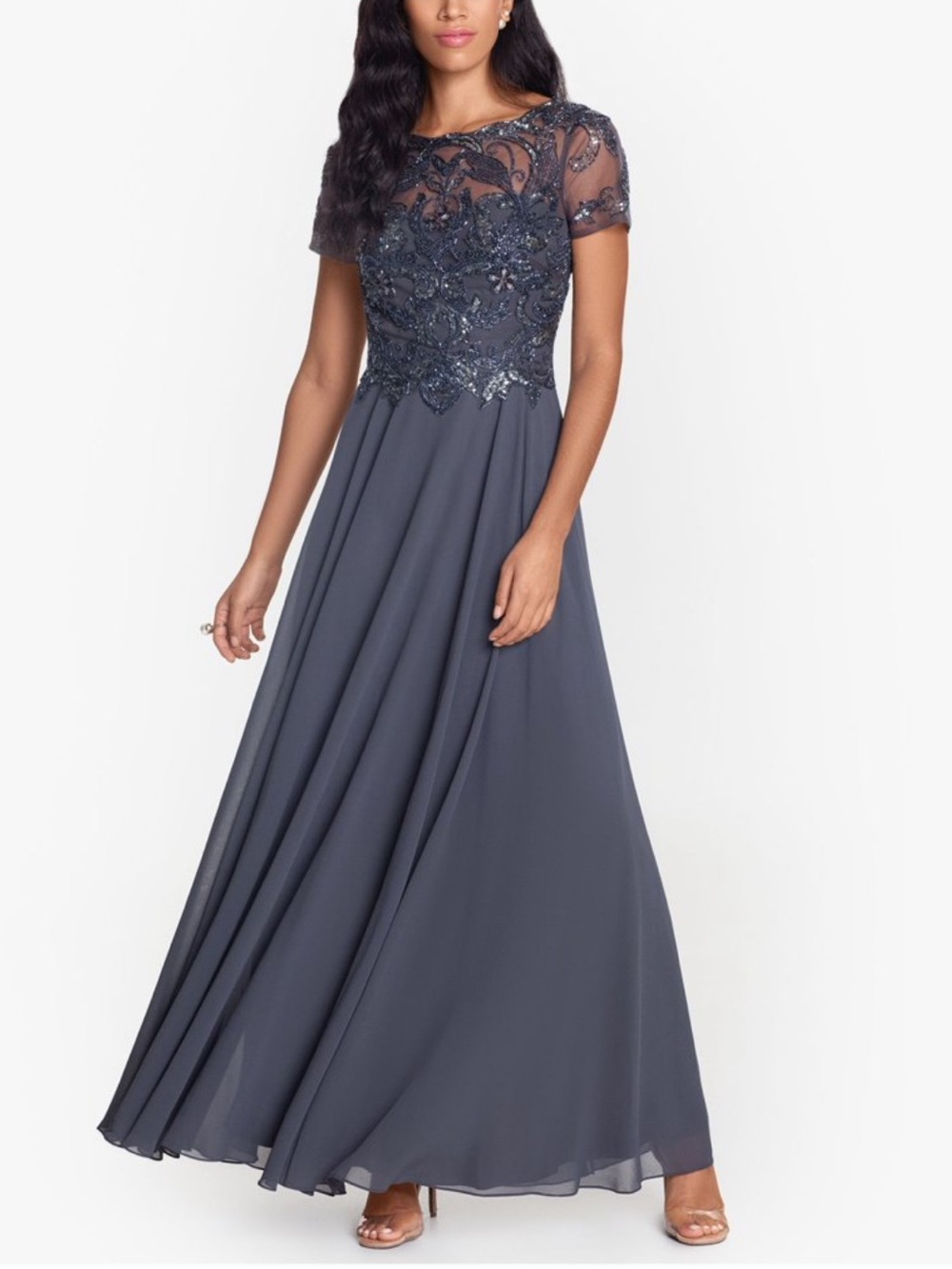 Xscape Grey Embellished Lined Sheer Short Sleeve Full Length Evening Gown 10